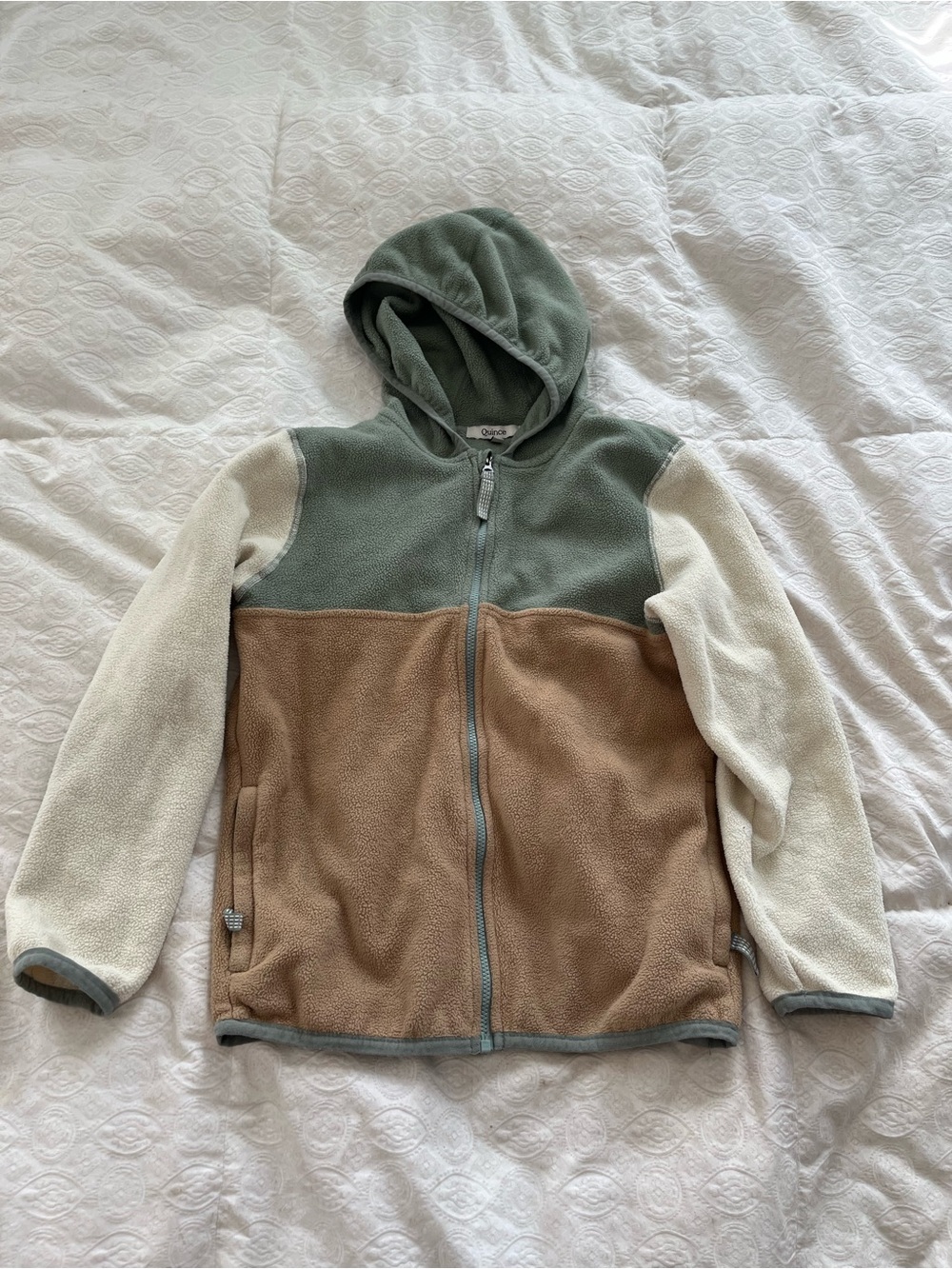 Quince Kids Colorblock Fleece Hoodie - Sage, Cream & Tan size 8